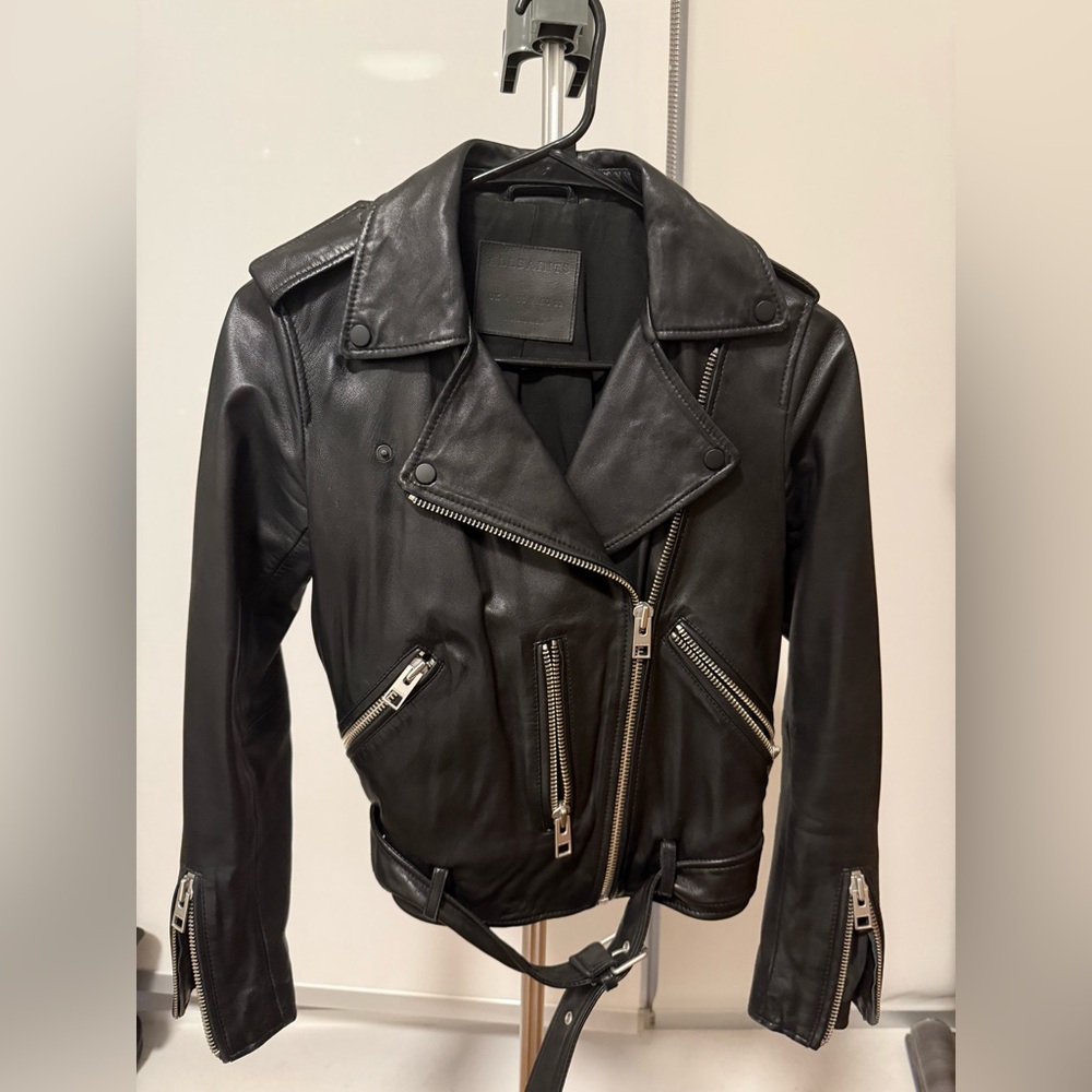 AllSaints Black Leather Moto Jacket with Silver Hardware